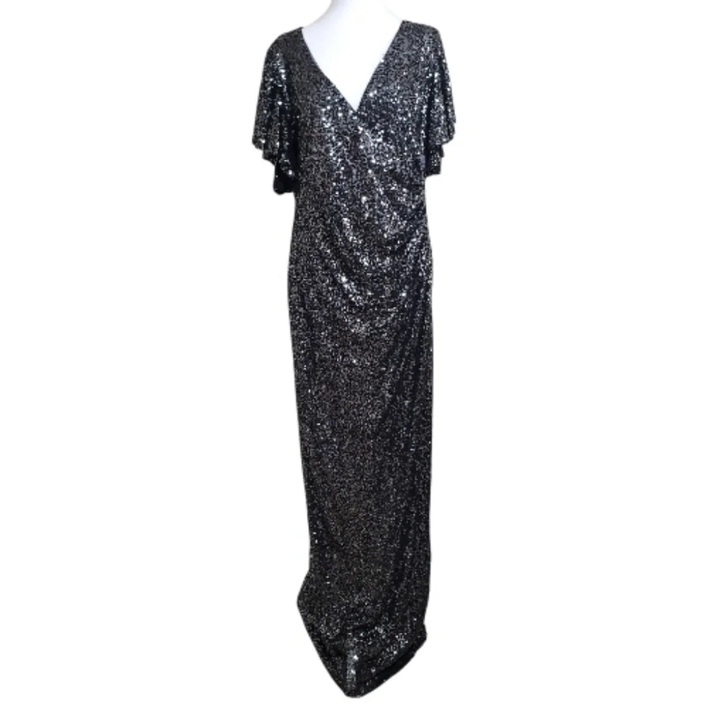 Marina Gunmetal Flutter Sleeve Sequined Formal Evening Dress, 14, Elegant, Party